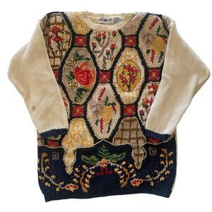 Vintage 90s White Stag Floral Embroidered Sweater Size Medium